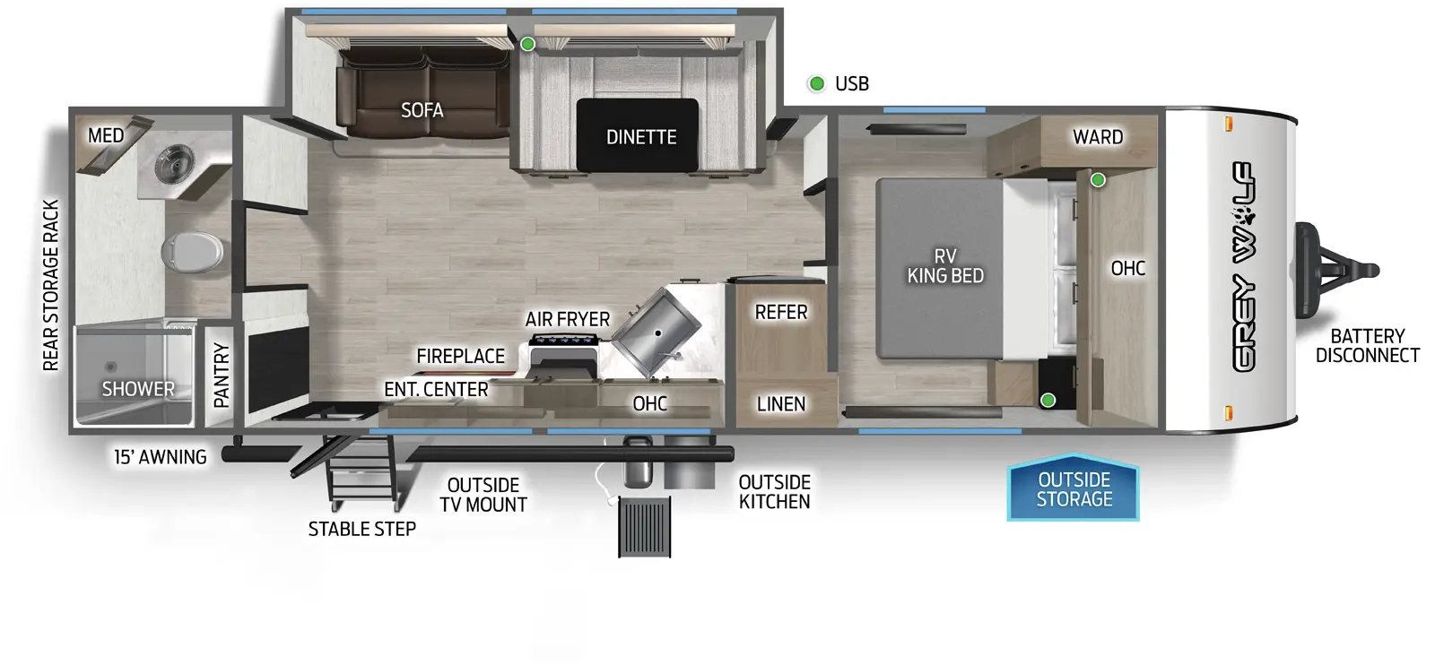 The Grey Wolf 26LK floorplan has one entry and one slide out. Exterior features include: metal exterior, 15' awning and outside kitchen. Interiors features include: u-dinette, front bedroom and rear bathroom.